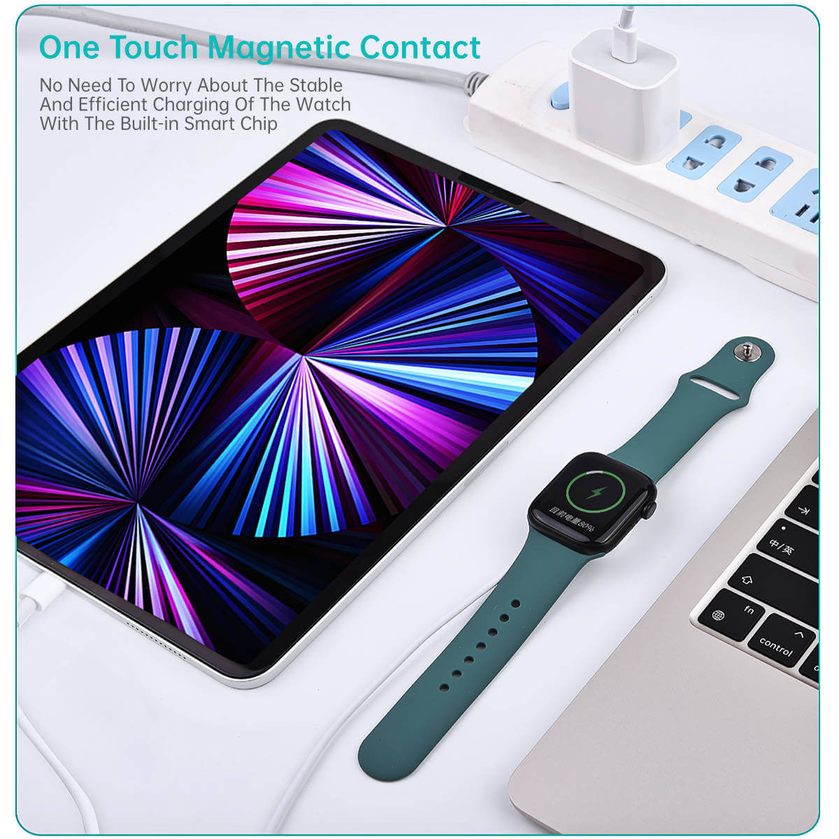 One-touch magnetic contact for stable and efficient Apple Watch charging with built-in smart chip for optimized performance.