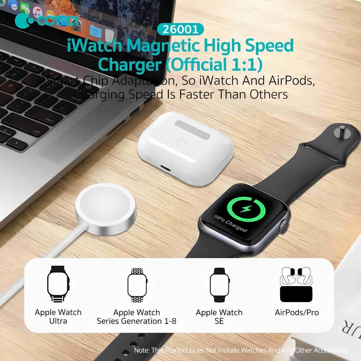 COTEetCi Apple Watch Magnetic Fast Charger to USB C Cable 1M providing high-speed charging for Apple Watch and AirPods with smart chip adaptation.