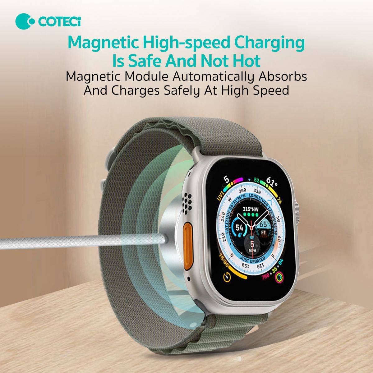Magnetic high-speed charging for Apple Watch with COTEetCi USB C cable, ensuring safe and efficient power delivery without overheating.
