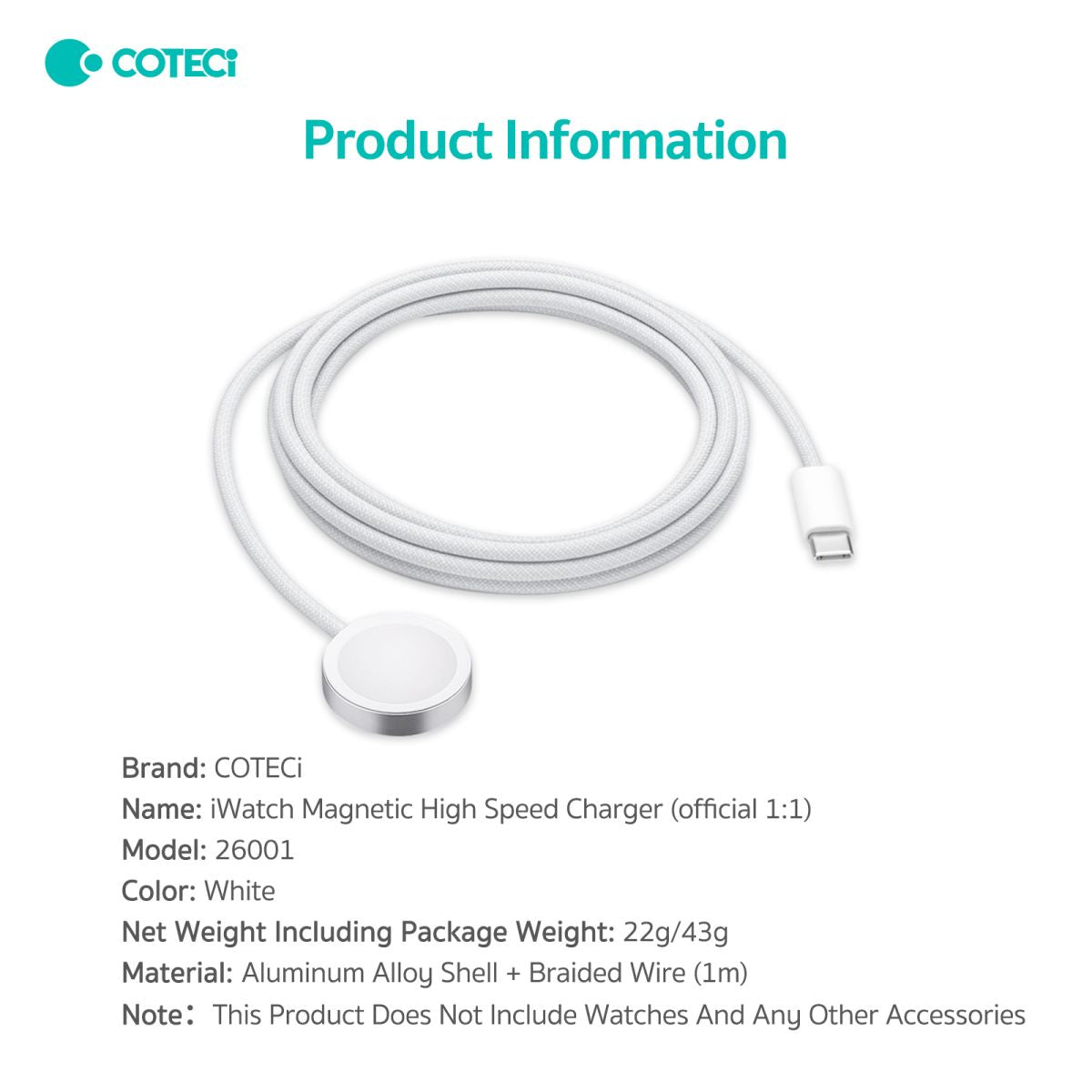 Product details of COTEetCi Apple Watch Magnetic Fast Charger to USB C Cable 1M, featuring aluminum alloy shell and braided wire for durability.