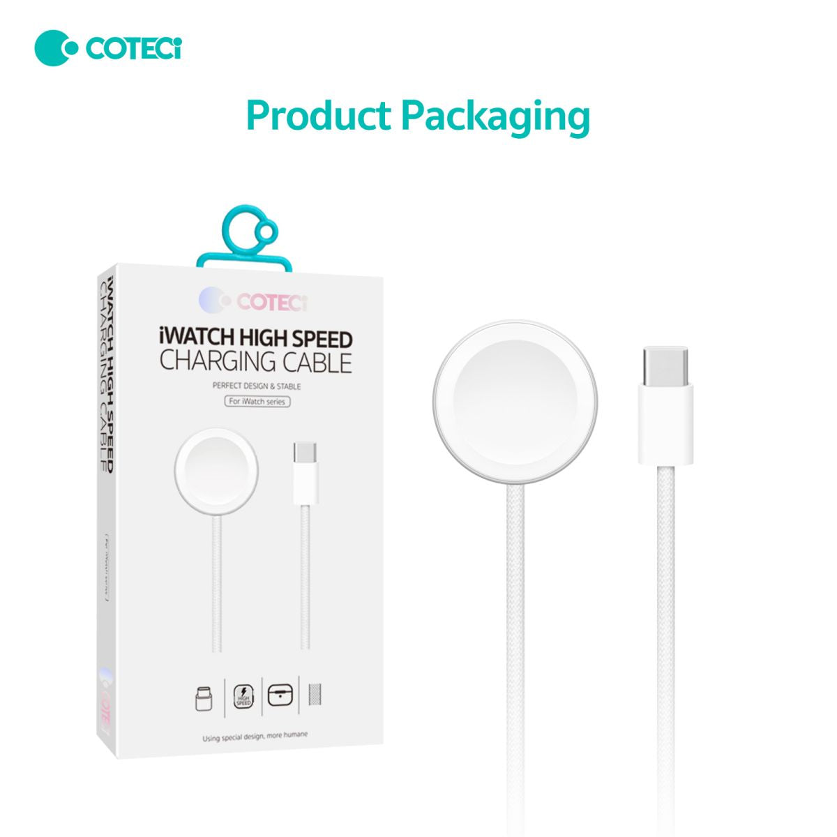 COTEetCi Apple Watch Magnetic Fast Charger to USB C Cable 1M packaging, showcasing sleek design and high-speed charging capability.