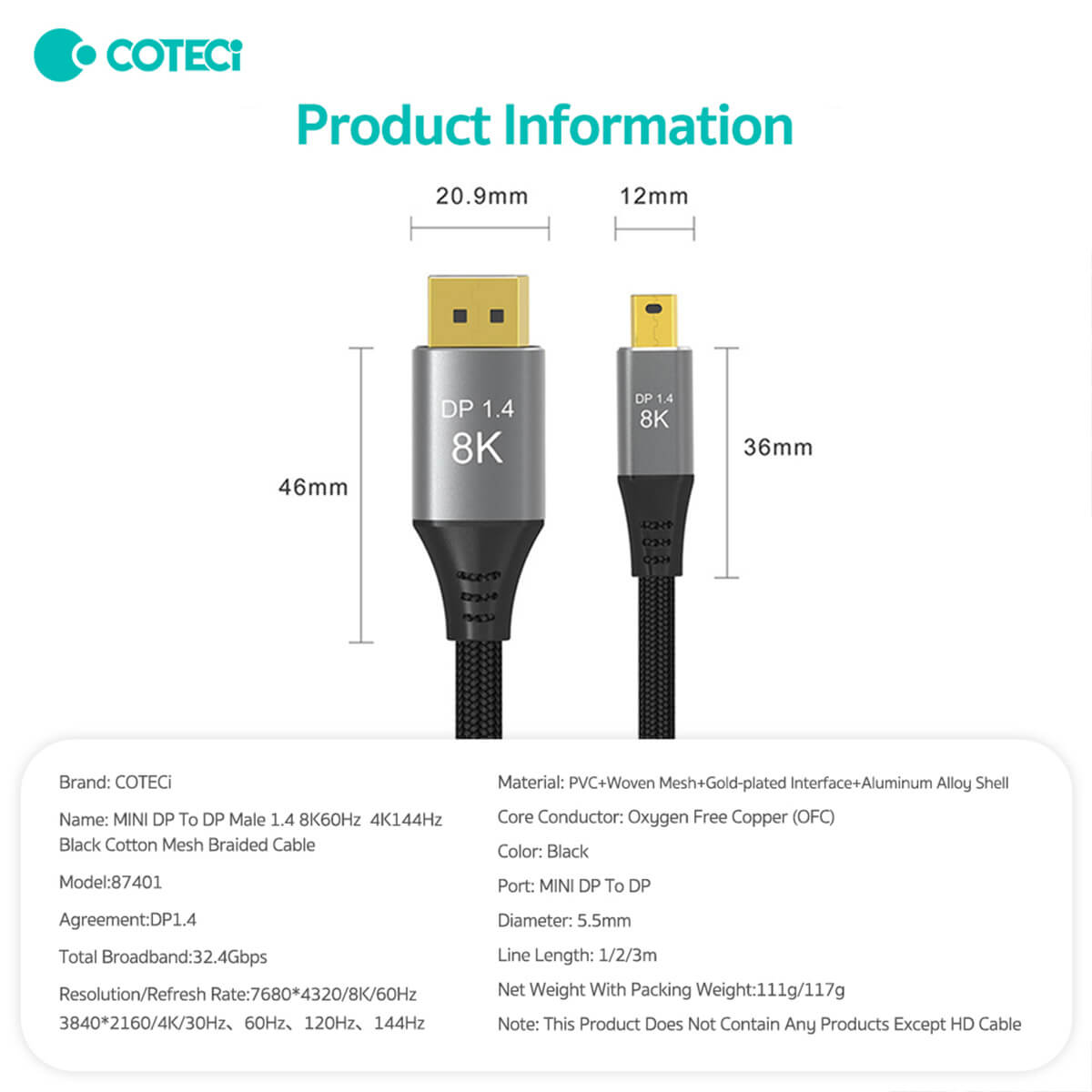Detailed product specifications of the COTECi Mini DP to DP1.4 8K HD Cable. Includes dimensions, material, resolution support, and transmission speed.