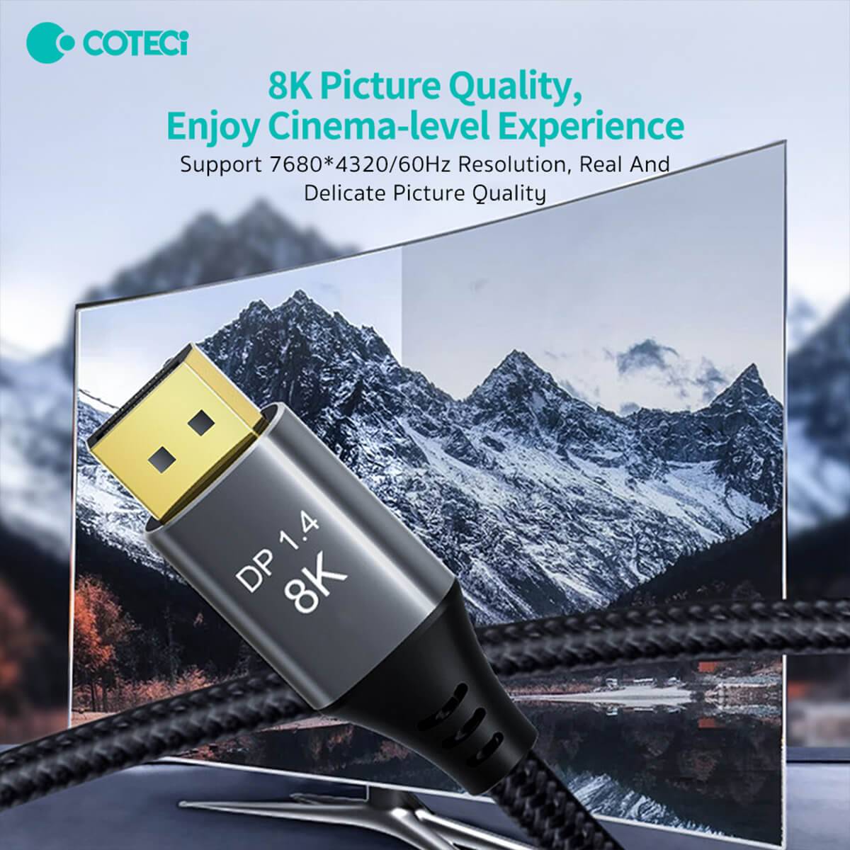Experience 8K picture quality with the COTECi Mini DP to DP1.4 cable. Supports 7680x4320 resolution at 60Hz for cinema-level clarity and detail.