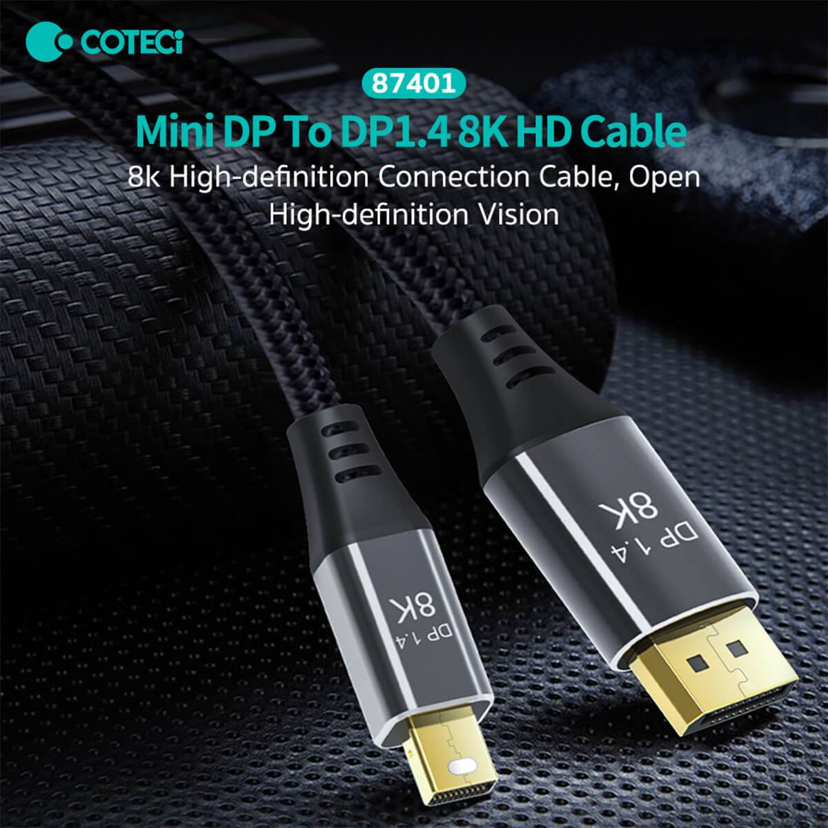 COTECi Mini DP to DP1.4 8K HD Cable with braided design. Delivers 8K high-definition visuals for immersive gaming and professional video editing.