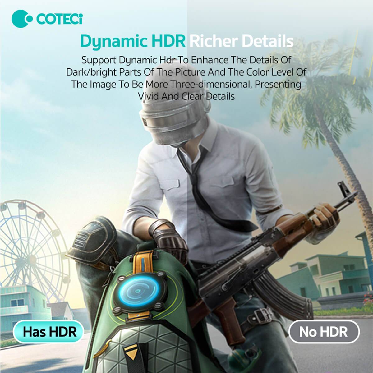 COTECi Mini DP to DP1.4 cable supports dynamic HDR for richer details. Enhances brightness and color levels for a vivid and immersive viewing experience.