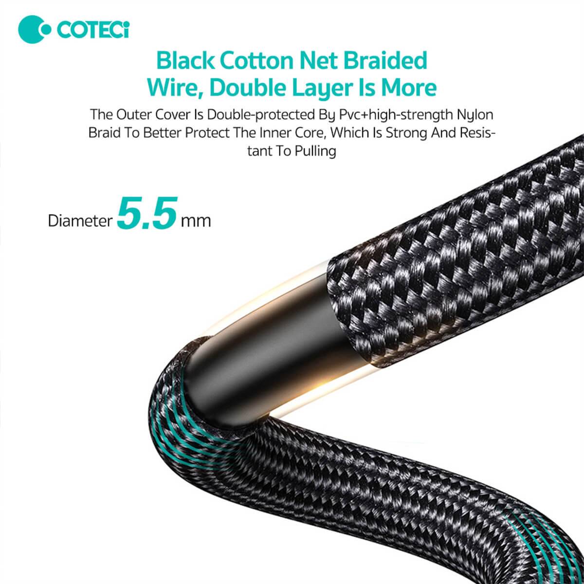 Black cotton net braided COTECi Mini DP to DP1.4 cable. Features a durable double-layer nylon braid for enhanced strength and resistance to pulling.
