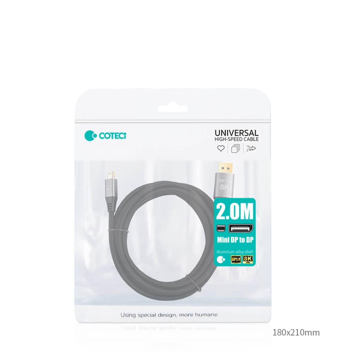 COTECi 87401 Mini DP to DP1.4 8K HD Cable 2M in retail packaging. Supports 8K resolution, HDR, and 3D for high-definition gaming and video editing.