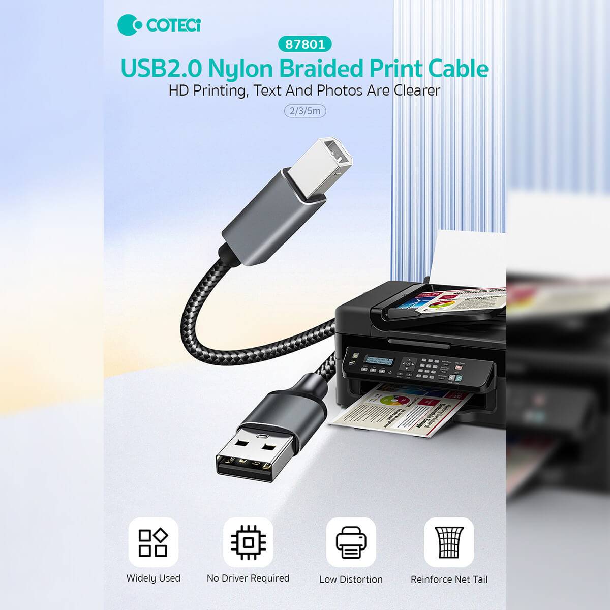 COTECi USB 2.0 Nylon Braided Printer Cable ensures HD printing with low distortion and no driver requirement for easy setup.