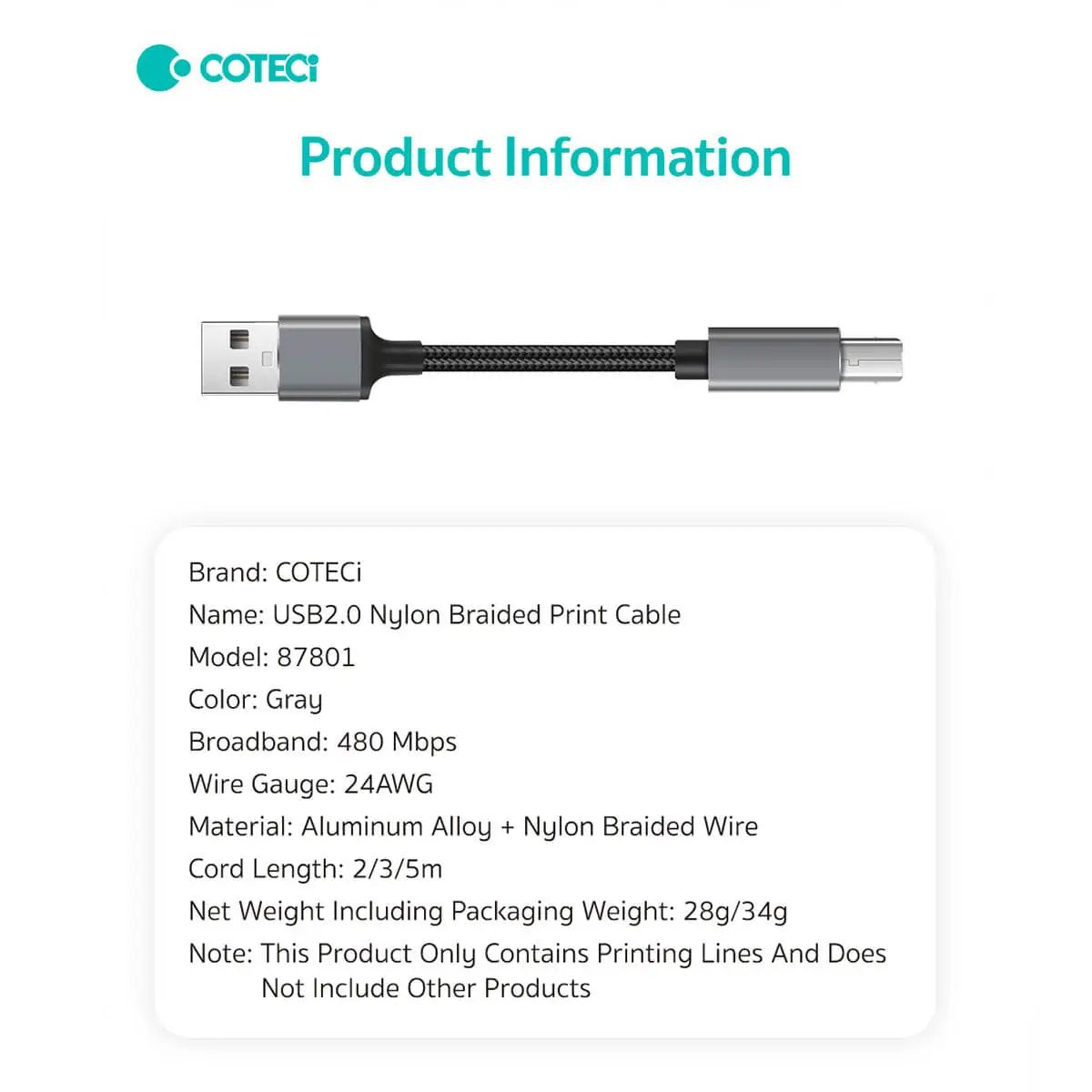 COTECi USB 2.0 Printer Cable 87801 product specs including 480 Mbps speed, 24AWG wire gauge, and nylon braided aluminum alloy build.
