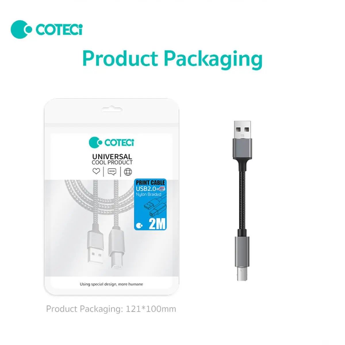 Retail packaging of COTECi Nylon Braided USB 2.0 Printer Cable 2M, model 87801, designed for easy display and customer convenience.