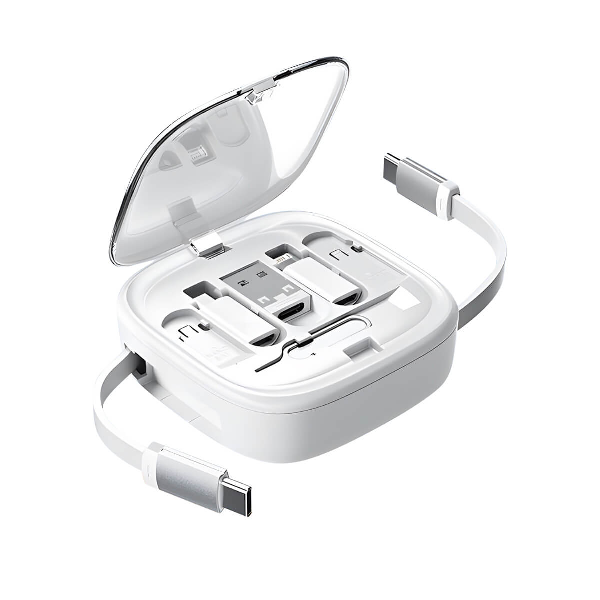 COTECi Multi-Function Retractable Cable Organizer in white, featuring a compact design with multiple connectors for efficient cable management.