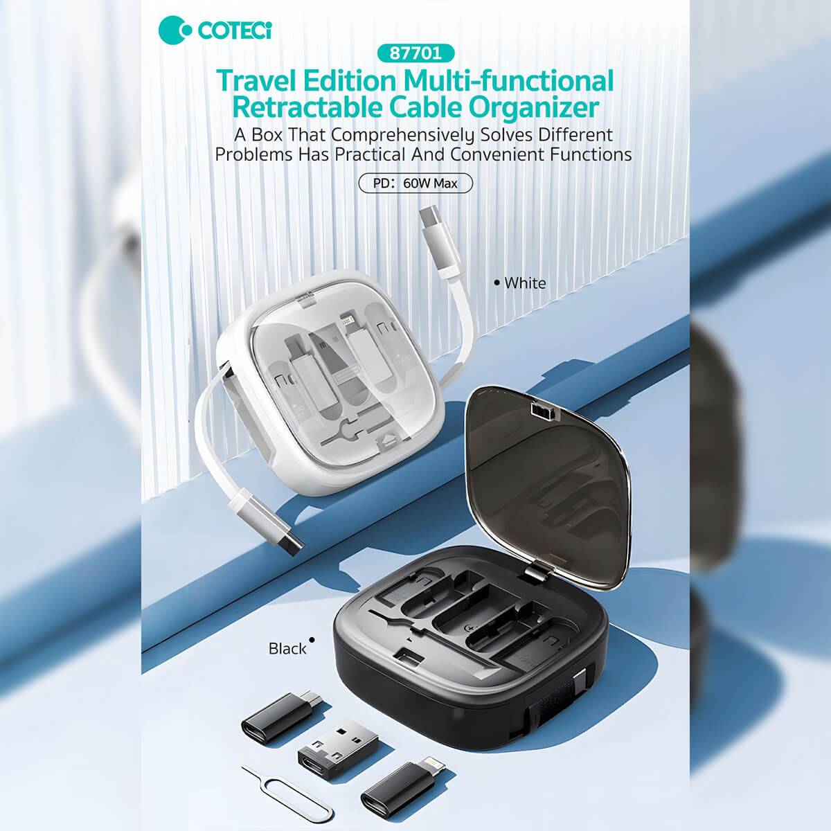COTECi Travel Edition Multi-Function Retractable Cable Organizer in black and white, designed for fast charging, data transfer, and organized storage.