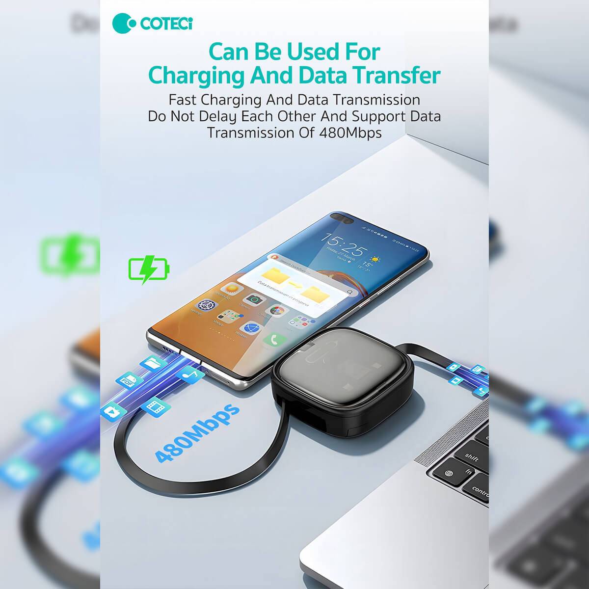 COTECi Retractable Cable Organizer demonstrating fast charging and 480Mbps data transfer, ensuring seamless connectivity for mobile devices.