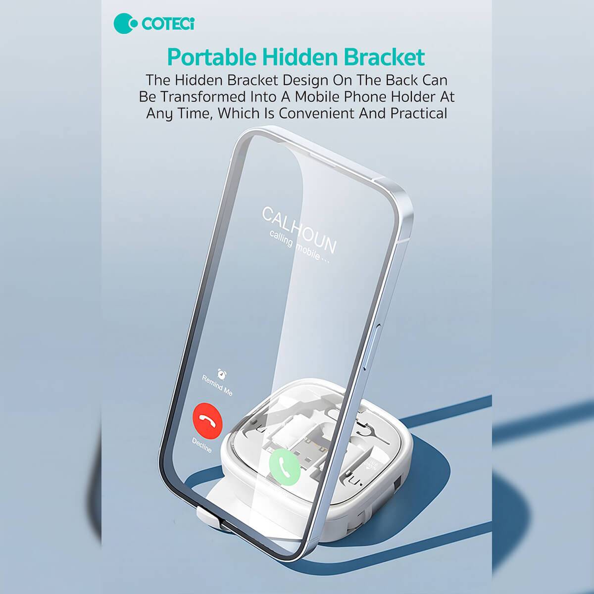 COTECi Retractable Cable Organizer with a hidden bracket that transforms into a mobile phone holder for added functionality and practicality.