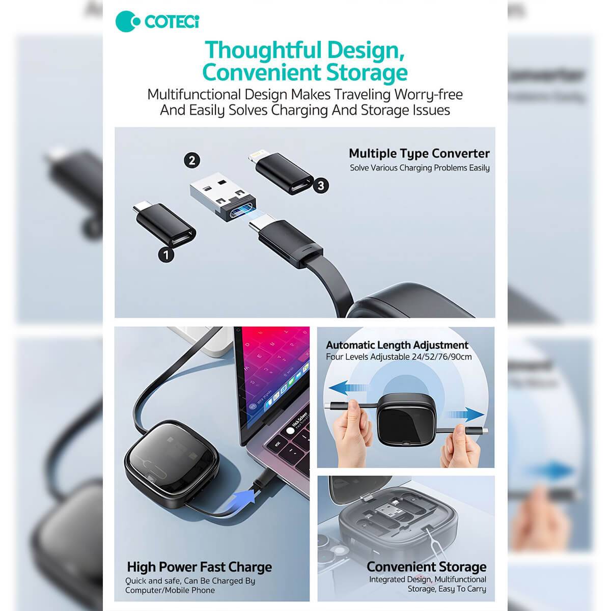 COTECi Multi-Function Cable Organizer showcasing multiple connectors, automatic length adjustment, and high-power fast charging for convenience.