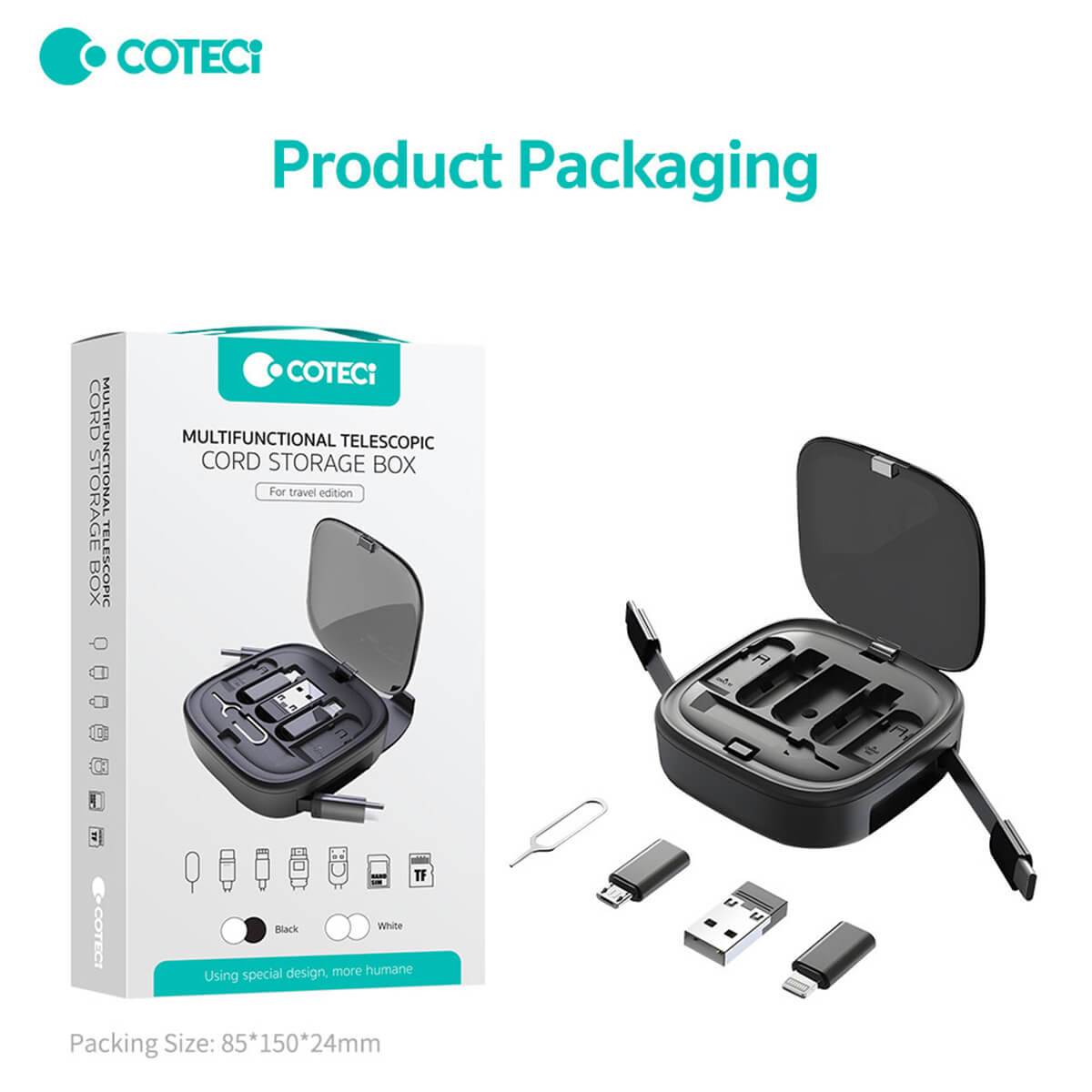 COTECi Multi-Function Retractable Cable Organizer packaging, displaying product details, available colors, and included accessories.