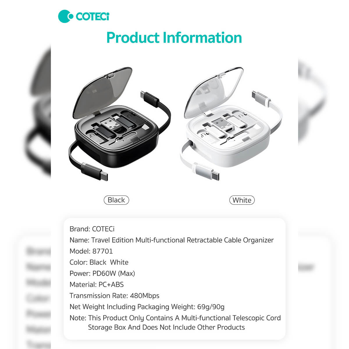 COTECi Travel Edition Multi-Function Retractable Cable Organizer product information, highlighting specifications, materials, and transmission rate.
