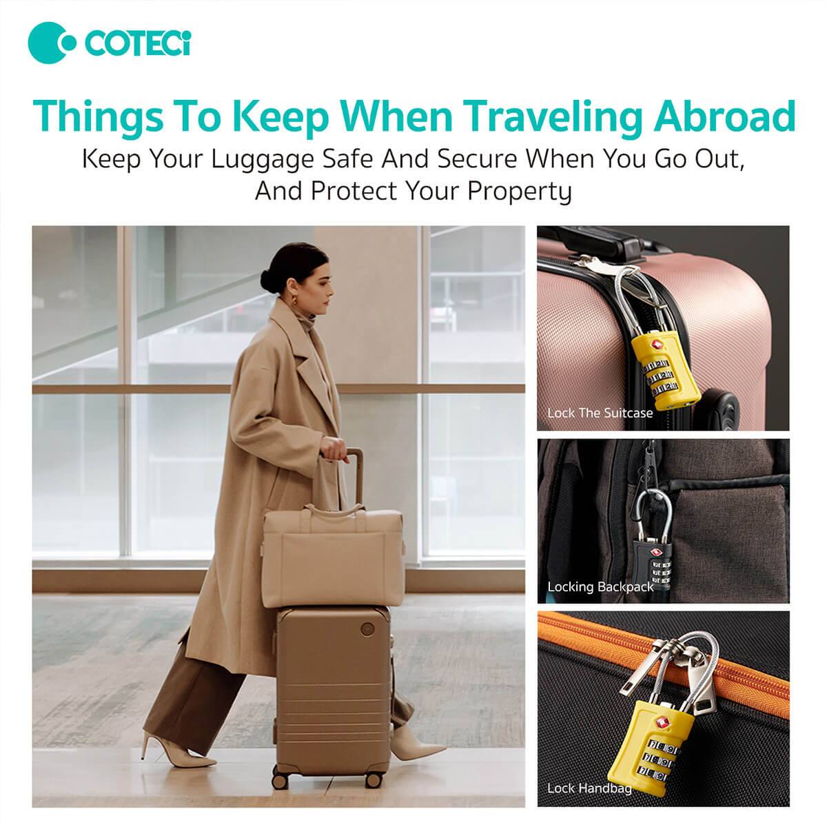 COTECi TSA Approved Luggage Lock securing various travel bags. Ideal for suitcases, backpacks, and handbags to enhance luggage safety while traveling.