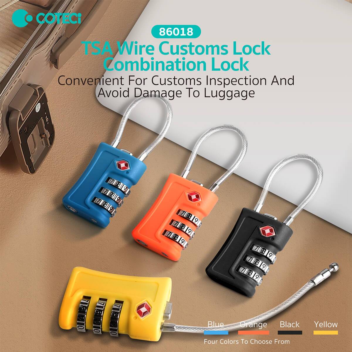 COTECi TSA Approved Luggage Lock available in four colors: blue, orange, black, and yellow. Designed for easy customs inspection and luggage protection.