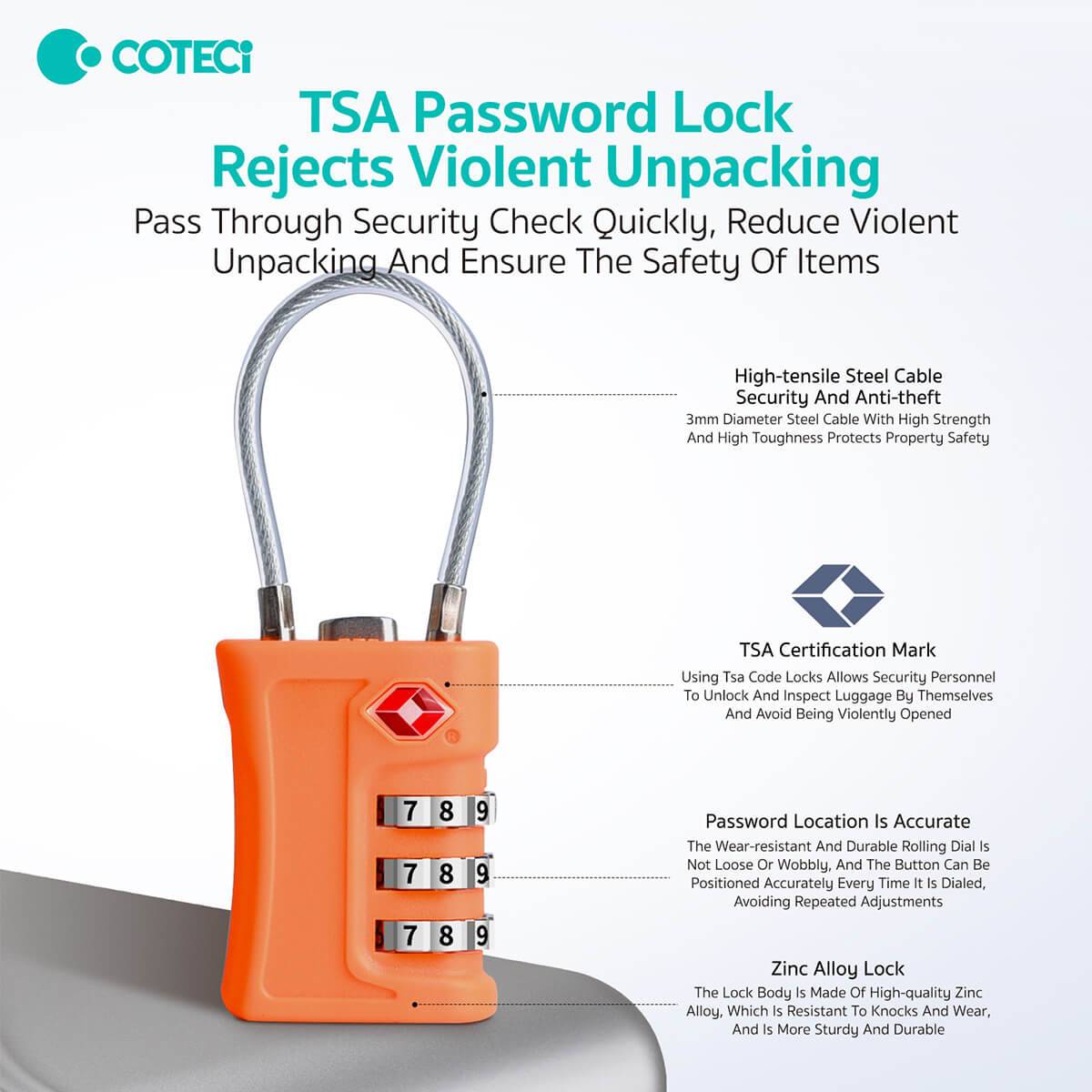 Orange COTECi TSA Approved Luggage Lock with a 3-dial combination. Features a high-tensile steel cable and TSA certification for secure travel.