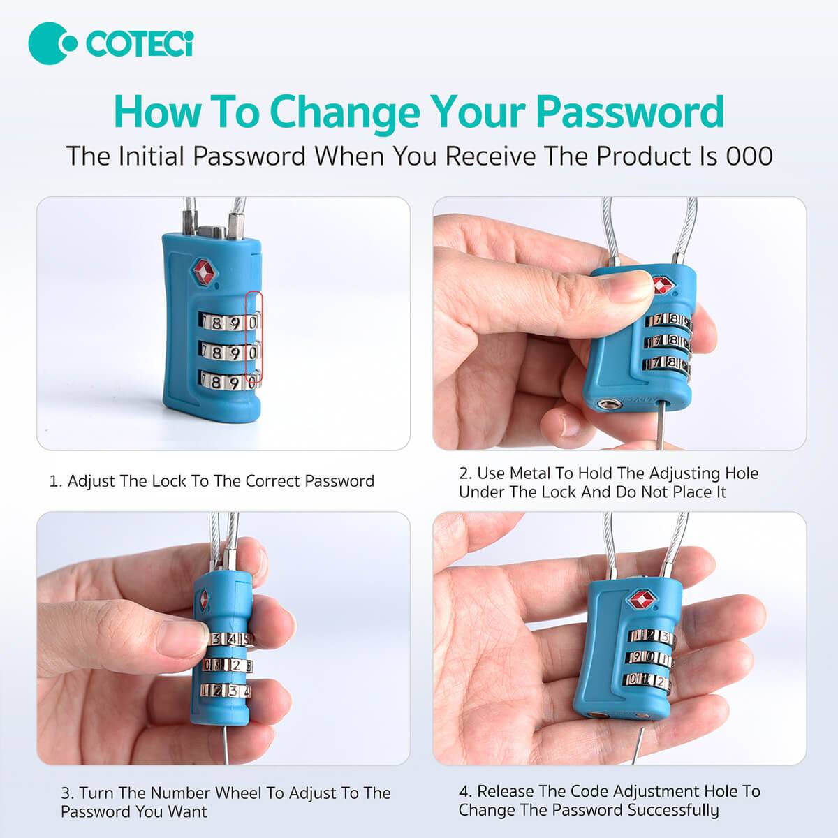 Step-by-step guide on how to change the password on the COTECi TSA Approved Luggage Lock. Simple instructions for setting a new combination.