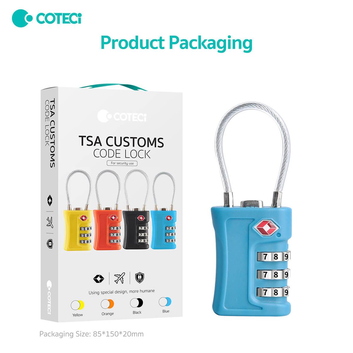 COTECi TSA Approved Luggage Lock in blue with its packaging. Compact and travel-friendly design for securing luggage with a TSA-compliant combination lock.