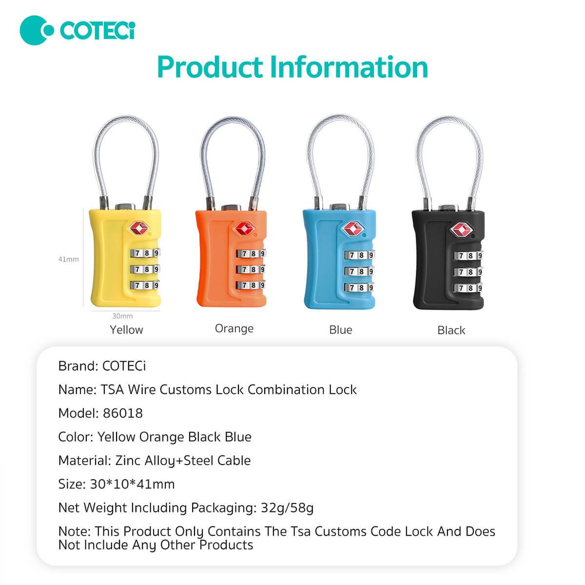 Product information for the COTECi TSA Approved Luggage Lock, model 86018. Available in yellow, orange, black, and blue with a zinc alloy and steel cable build.
