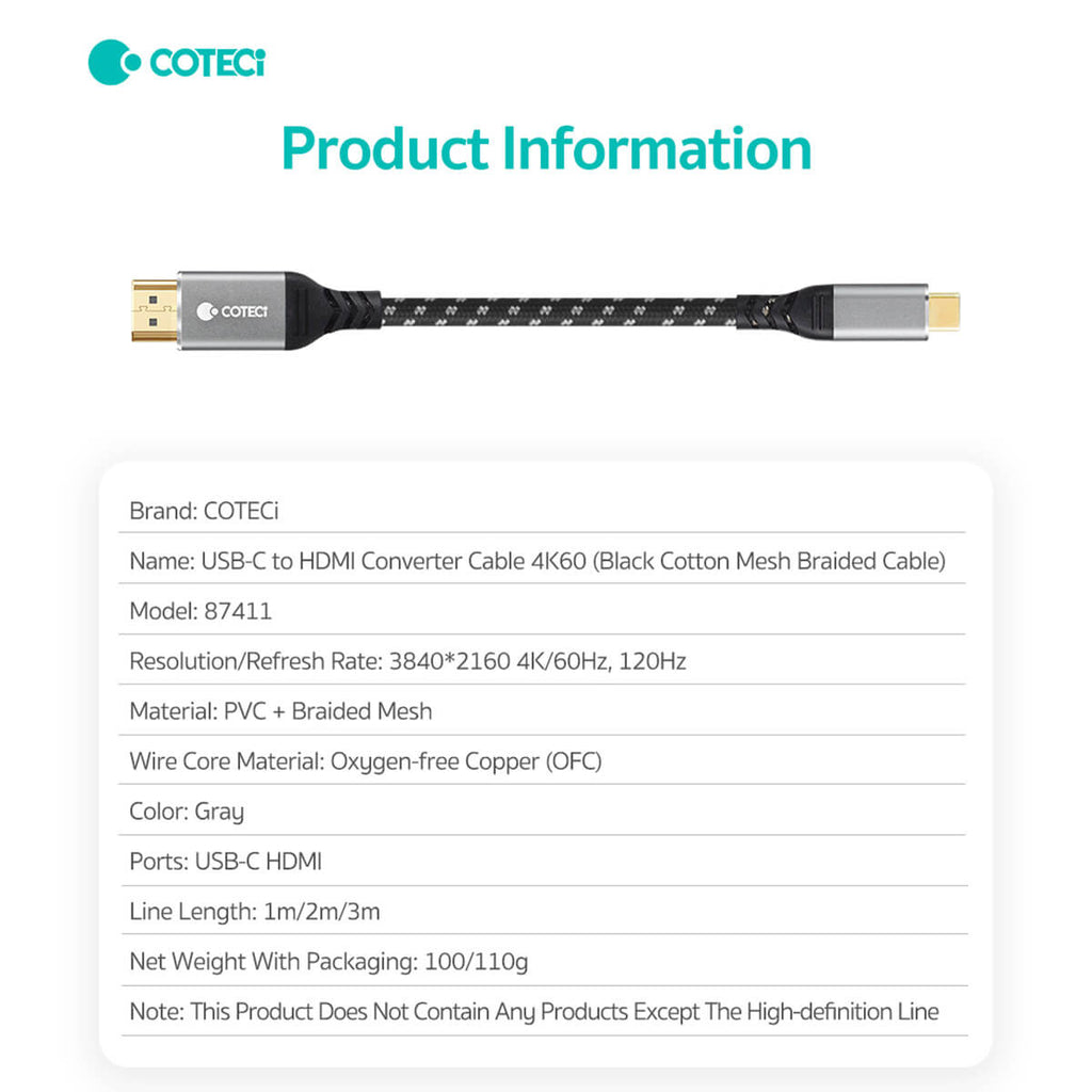 COTECi USB-C to HDMI Converter Cable 4K 3M - 87411 - Hugmie