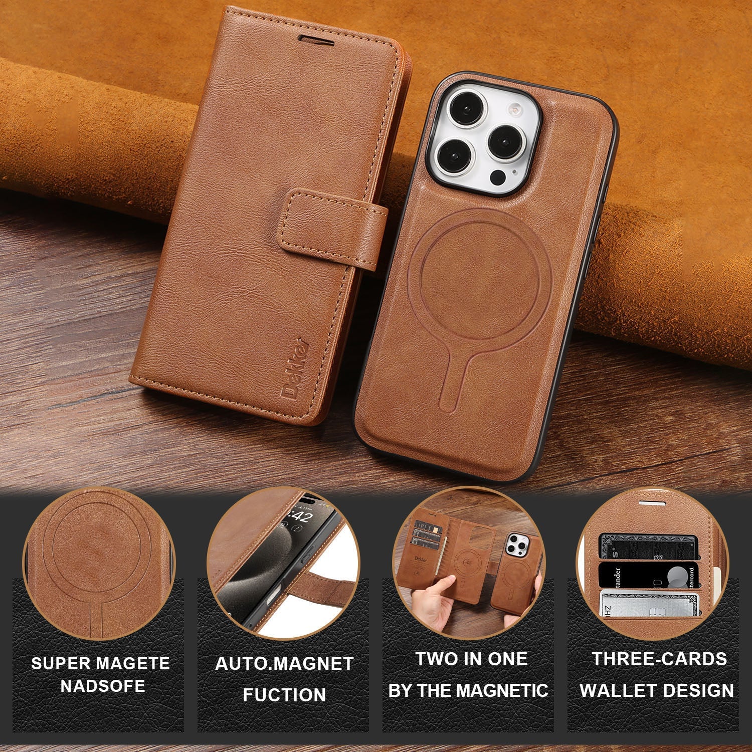 Brown MagFolio Case iPhone Leather Case with MagSafe compatibility, detachable magnetic phone shell, and three-card wallet design.