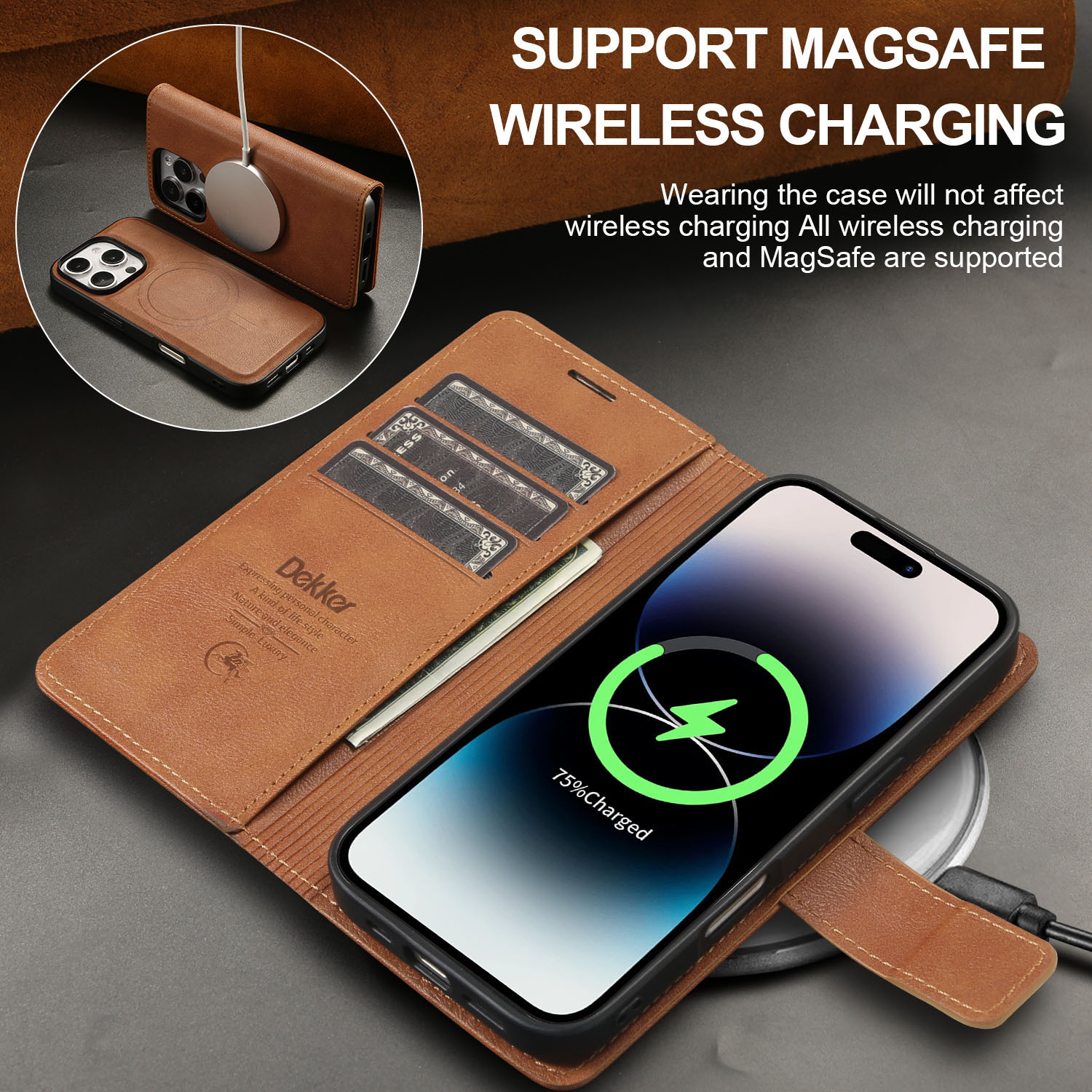 MagFolio Case iPhone Leather Case supports MagSafe wireless charging with built-in magnetic coil and three-card wallet slots for convenience.