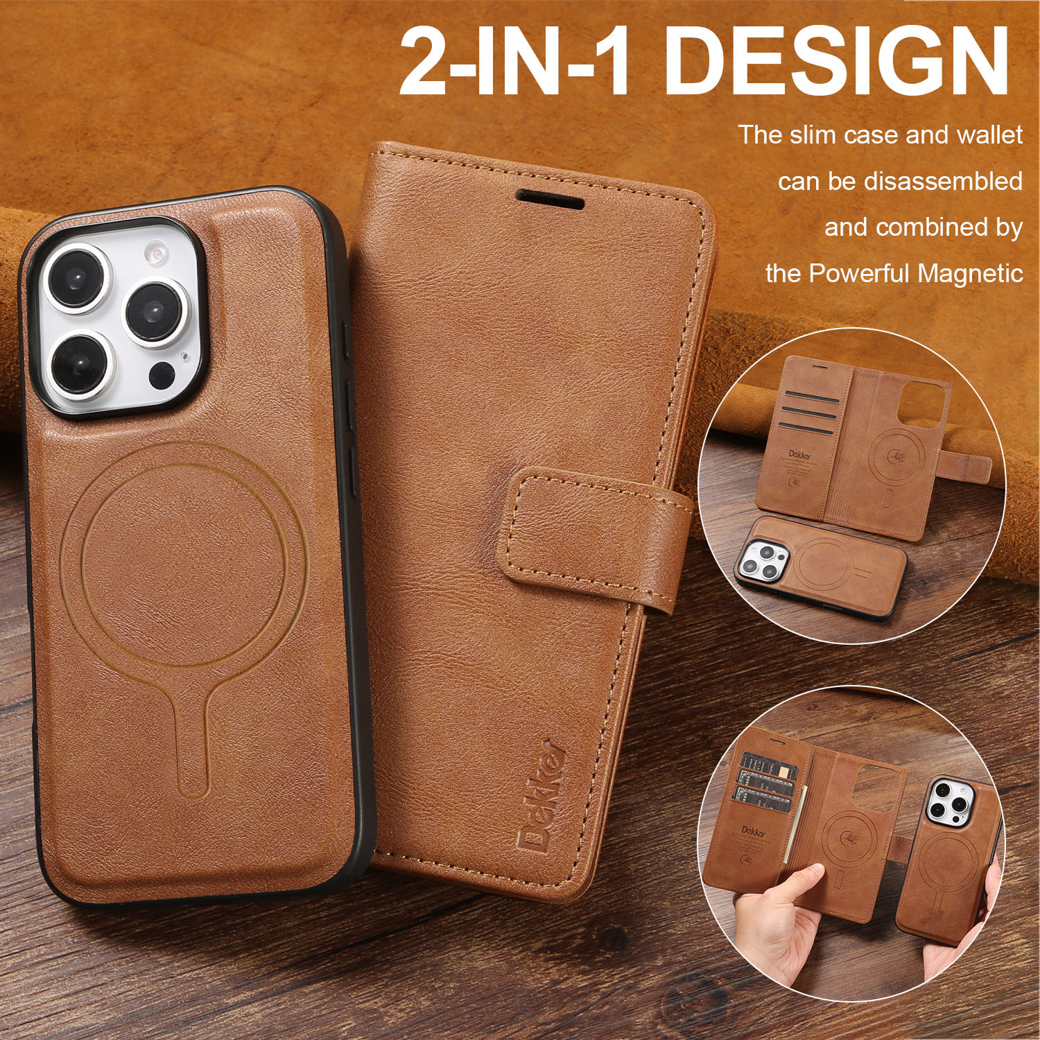 2-in-1 MagFolio Case iPhone Leather Case with detachable magnetic phone holder and wallet, crafted in brown leather for Apple iPhones.
