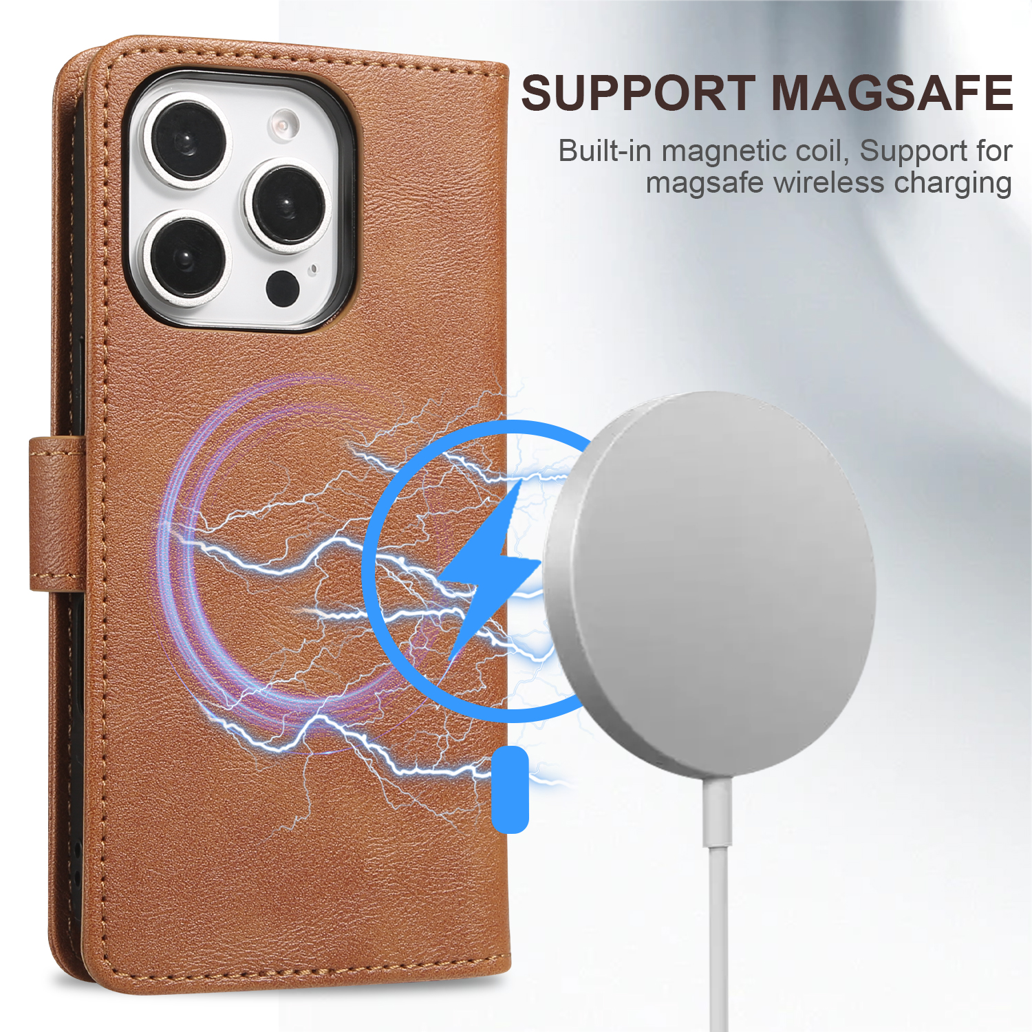 MagFolio Case iPhone Leather Case with built-in magnetic coil supports MagSafe wireless charging, shown with charging animation on iPhone.