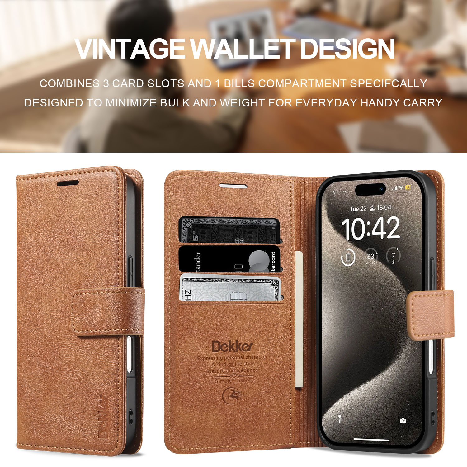 Vintage-style MagFolio Case iPhone Leather Case with 3 card slots and bill compartment, designed for everyday carry and iPhone protection.