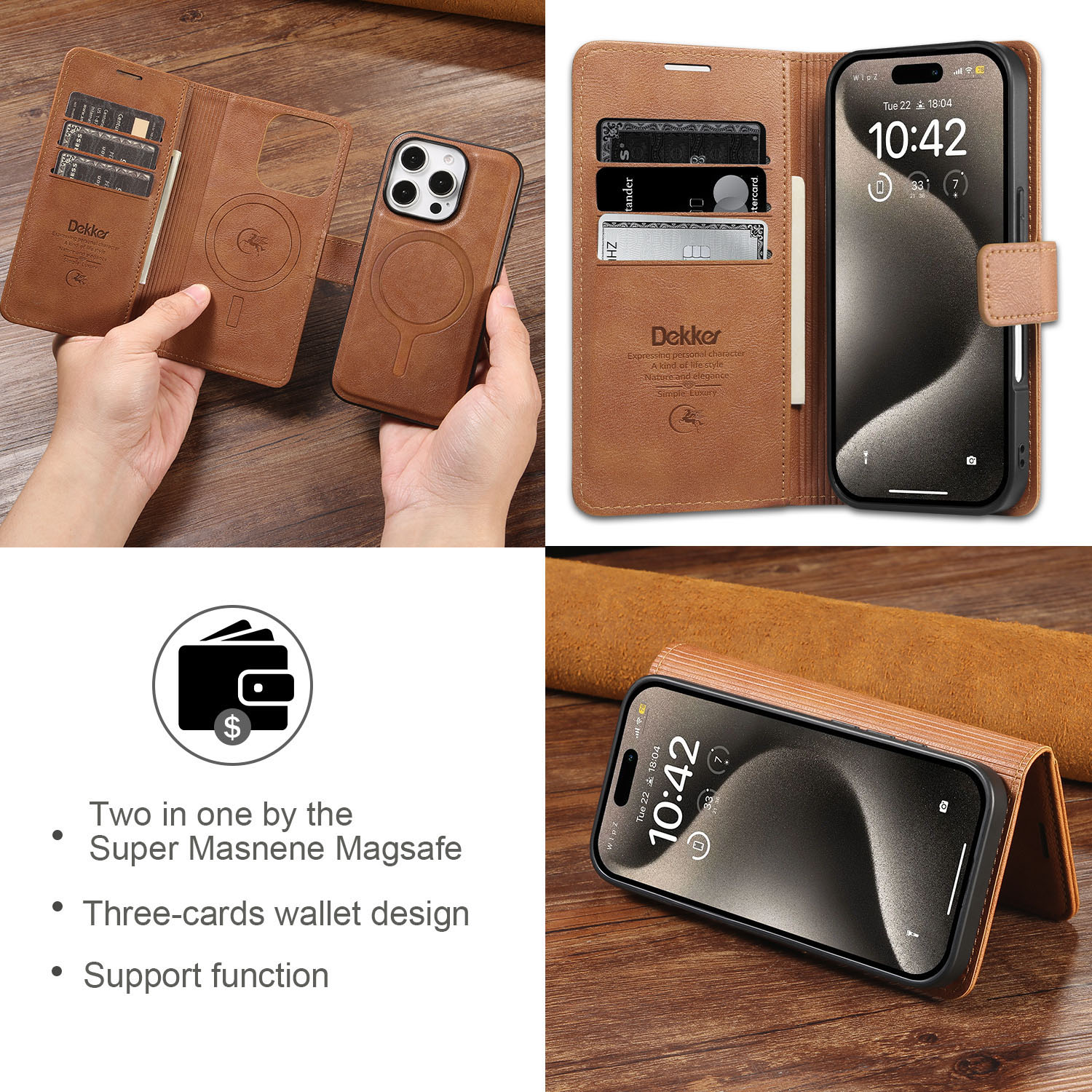 Brown MagFolio Case iPhone Leather Case with wallet design, magnetic closure, and stand function for hands-free phone use and card storage.