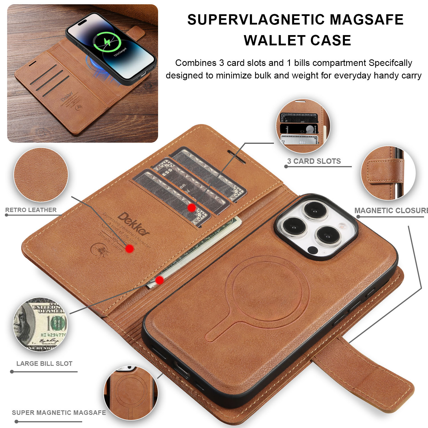 Super magnetic MagFolio Case iPhone Leather Case with 3 card slots, bill compartment, and MagSafe compatibility for Apple iPhone users.