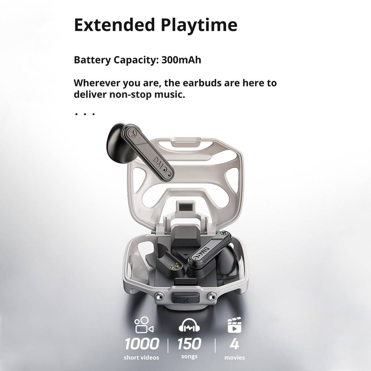 DMOOSTER D12 Bluetooth Wireless Earbuds with a 300mAh battery, offering extended playtime for music, movies, and gaming on the go.