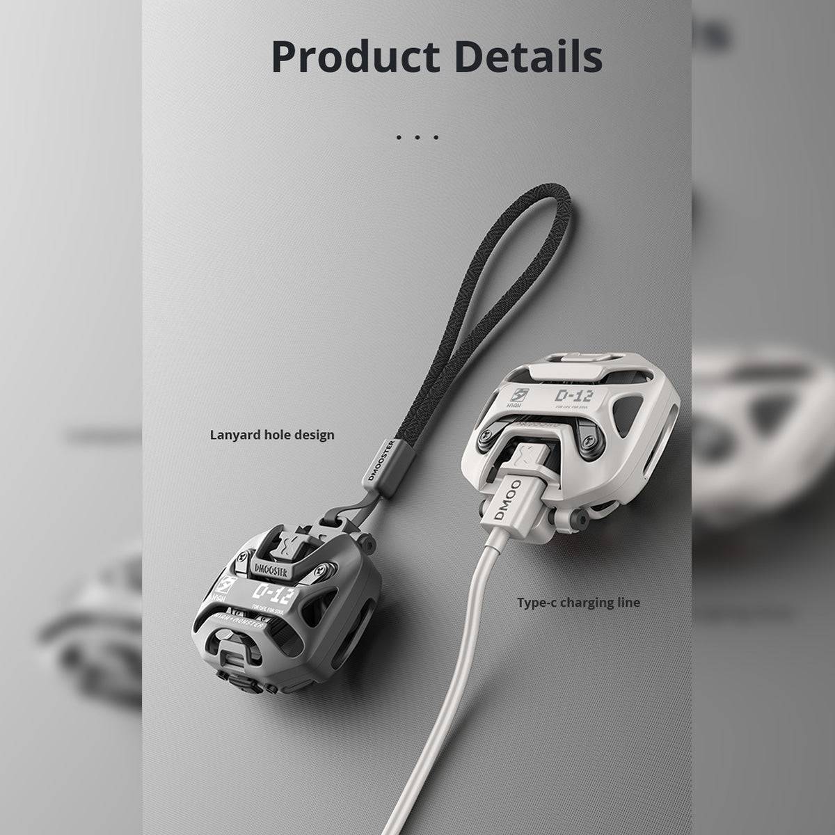 DMOOSTER D12 Bluetooth Wireless Earbuds with a lanyard hole design and Type-C charging, ensuring portability and fast charging capabilities.