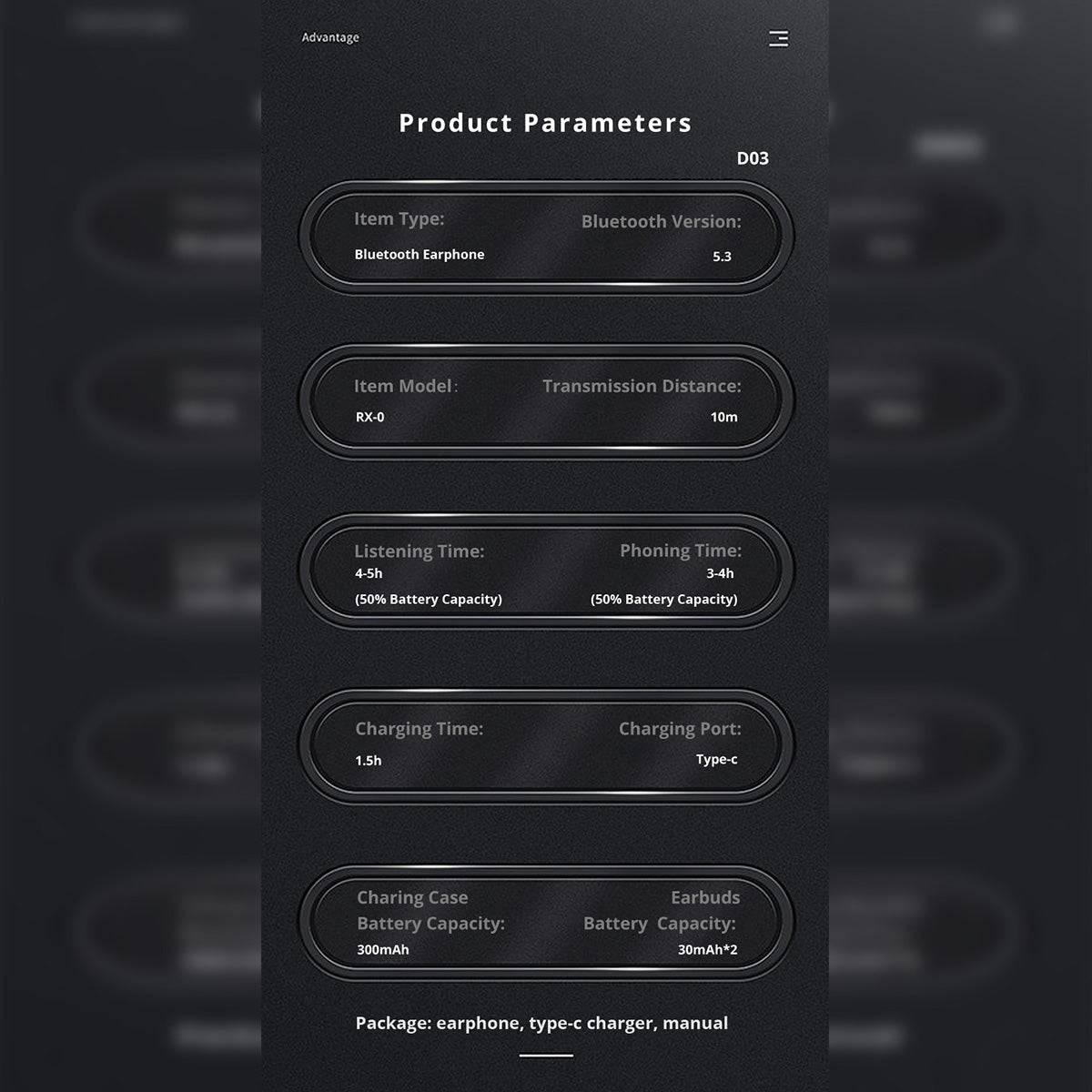 DMOOSTER D12 Bluetooth Wireless Earbuds product parameters, detailing battery life, charging time, Bluetooth version, and transmission distance.