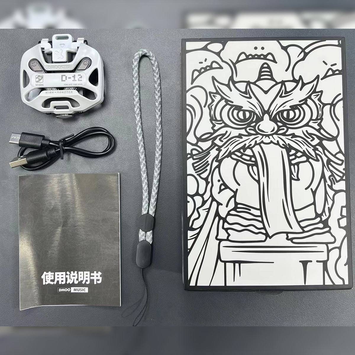 DMOOSTER D12 Bluetooth Wireless Earbuds packaging includes the earbuds, charging case, Type-C cable, lanyard, and user manual for easy setup.