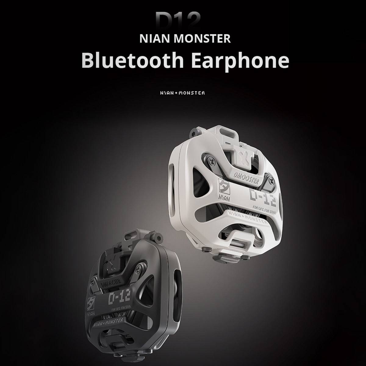 DMOOSTER D12 Bluetooth Wireless Earbuds in black and white variants, highlighting their stylish, gaming-inspired design and premium audio quality.