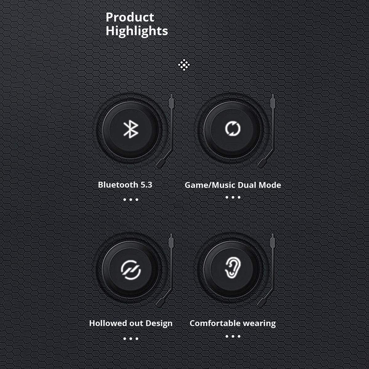 DMOOSTER D12 Bluetooth Wireless Earbuds product highlights, featuring Bluetooth 5.3, dual-mode audio, a hollowed-out design, and comfortable wear.