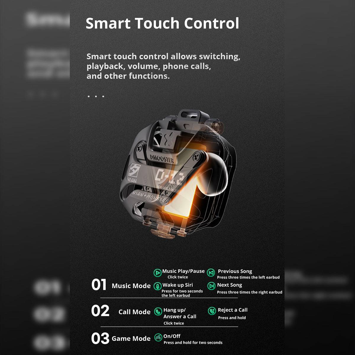 DMOOSTER D12 Bluetooth Wireless Earbuds with smart touch controls for seamless music playback, calls, and game mode activation.