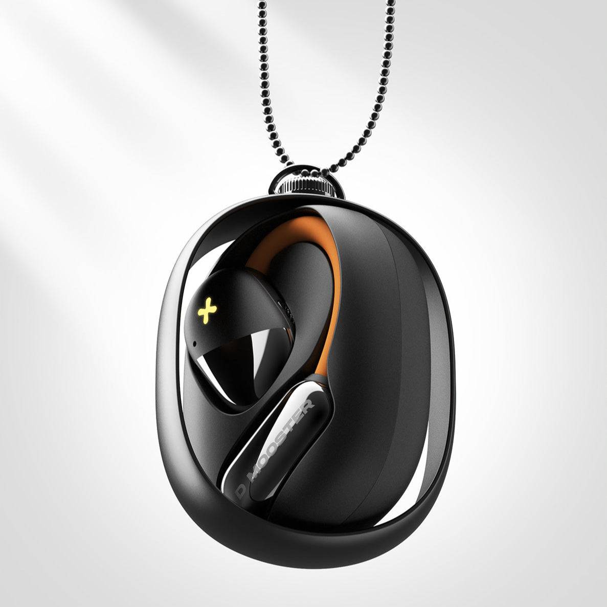 DMOOSTER D72 Open Ear ANC Bluetooth Wireless Earbuds in black with LED lights and ergonomic design, displayed in a compact charging case with a lanyard.