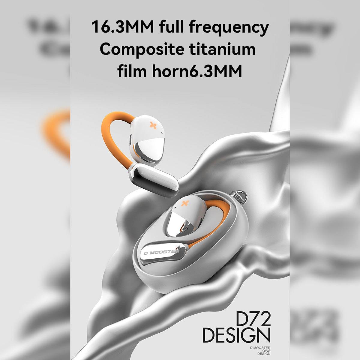 DMOOSTER D72 Open Ear ANC Bluetooth Wireless Earbuds in a sleek silver variant, emphasizing its high-fidelity audio performance.