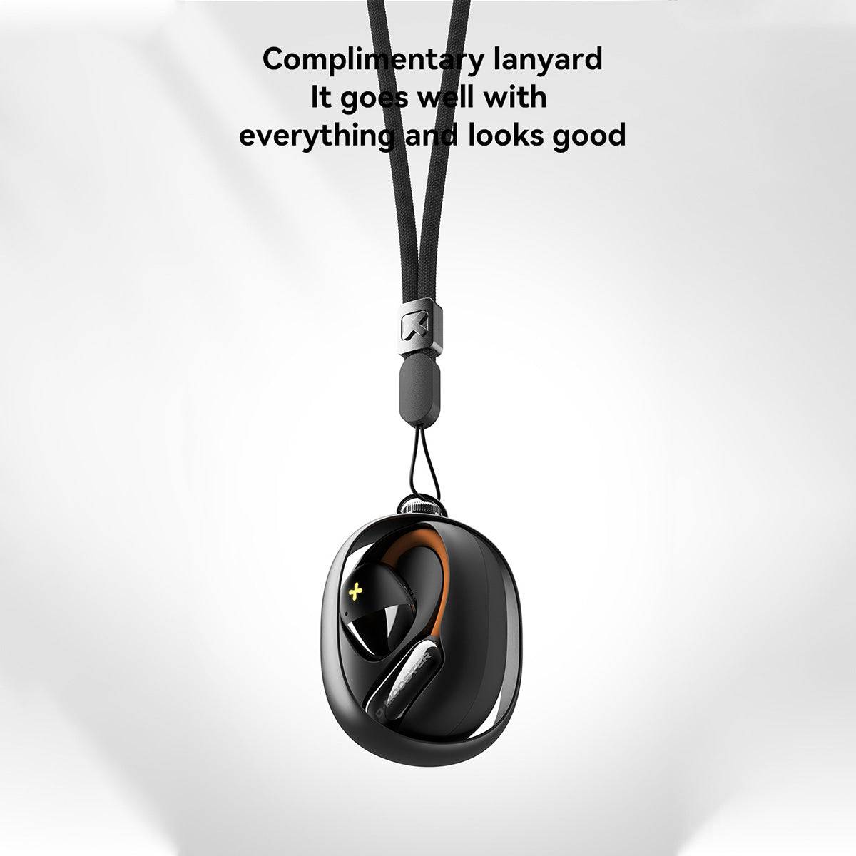 DMOOSTER D72 Open Ear ANC Bluetooth Wireless Earbuds with a complimentary lanyard for convenient carrying and stylish wearability.