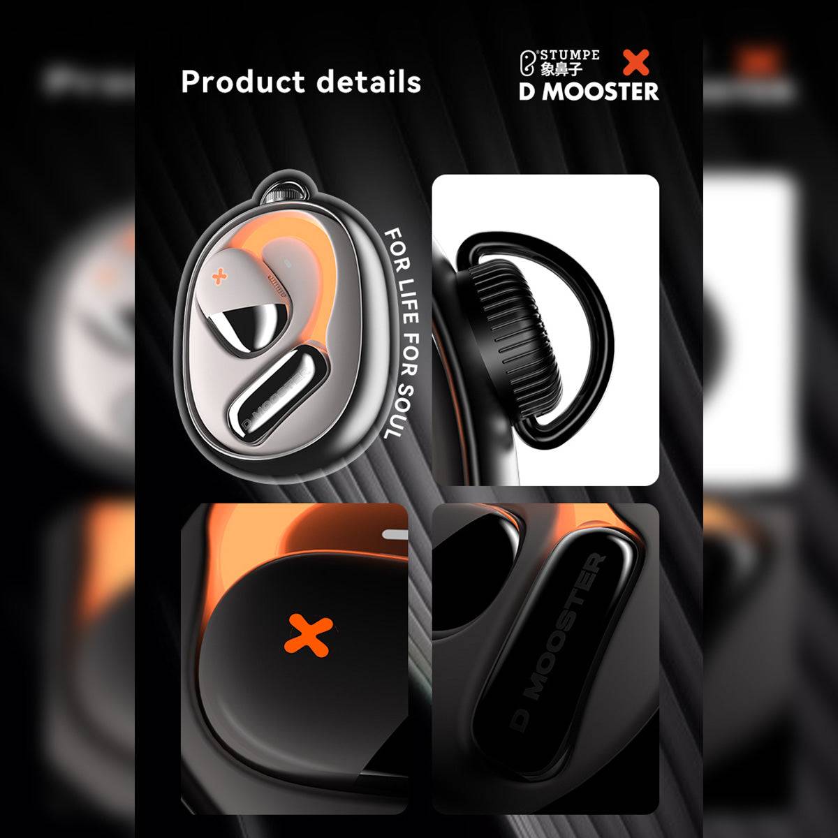 DMOOSTER D72 Open Ear ANC Bluetooth Wireless Earbuds with close-up product details, showcasing ergonomic ear hooks and premium build.