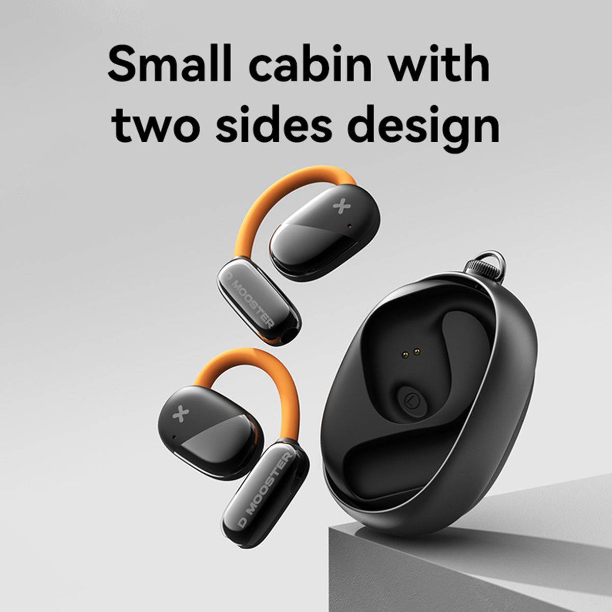 DMOOSTER D72 Open Ear ANC Bluetooth Wireless Earbuds featuring a small cabin with a two-sided design for easy storage and portability.