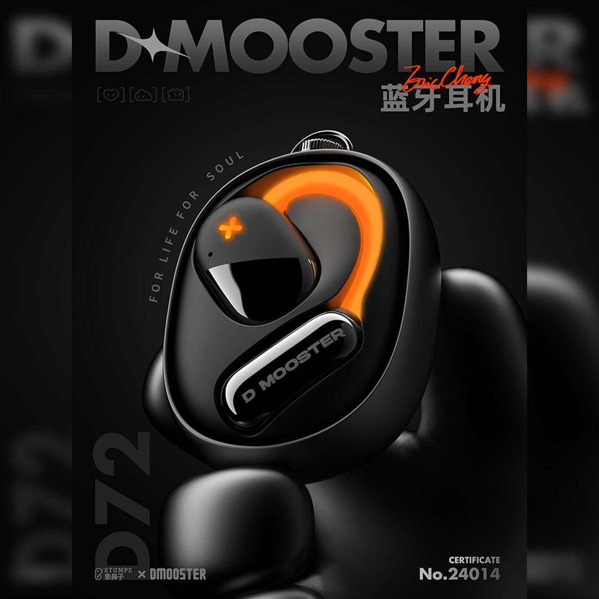 DMOOSTER D72 Open Ear ANC Bluetooth Wireless Earbuds in a premium black finish with LED accents, highlighting its futuristic design.