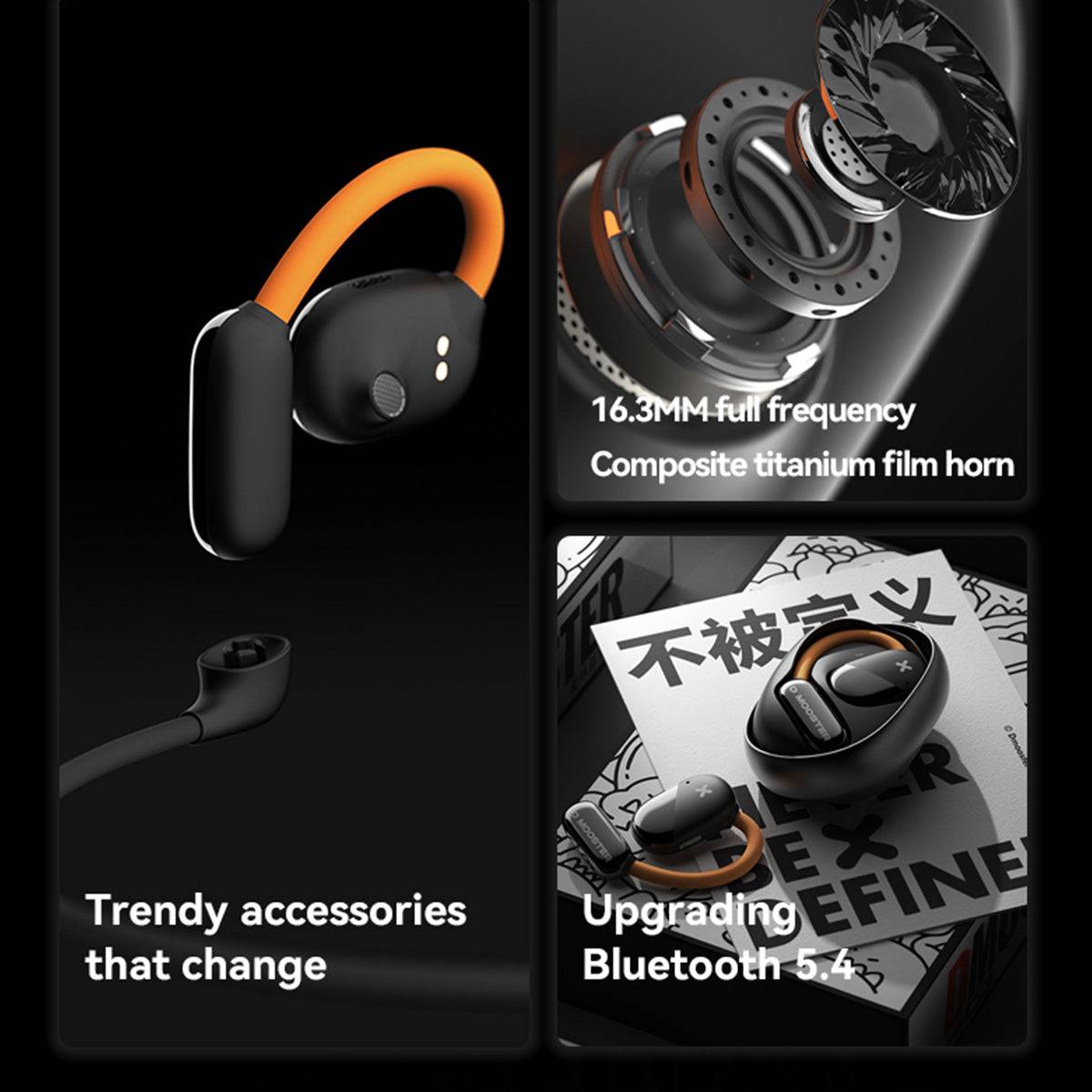 DMOOSTER D72 Open Ear ANC Bluetooth Wireless Earbuds featuring a 16.3MM full-frequency composite titanium film horn for superior sound quality.