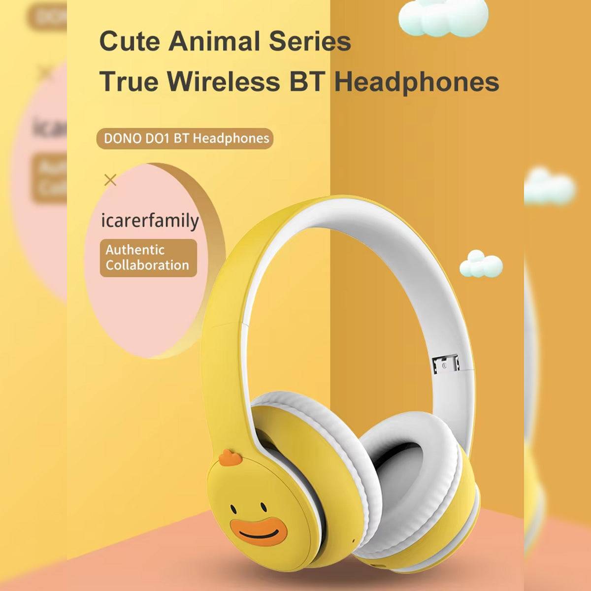 DOQAUS DO1 Bluetooth Kids Headphones in yellow with a duck face design, showcasing wireless BT 5.3 connectivity and a comfortable over-ear fit.